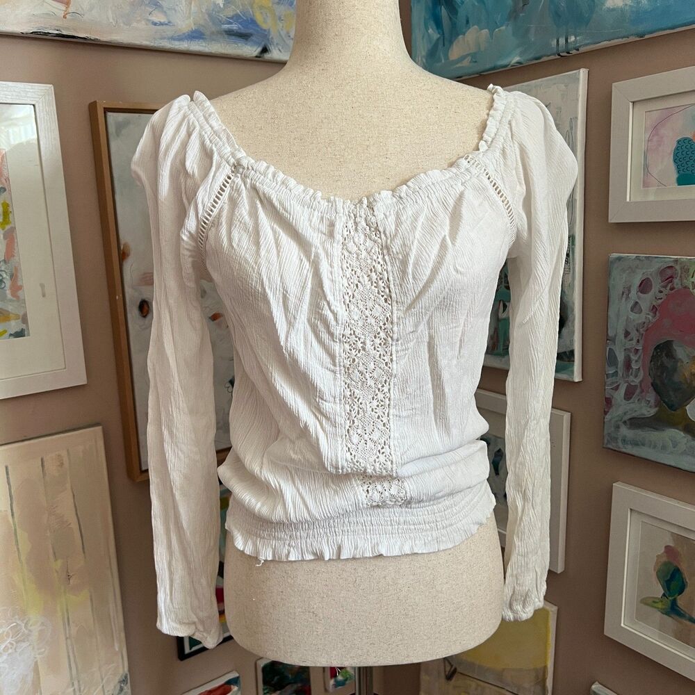 Aeropostale White Peasant Blouse Crochet Boho Size M Cottagecore Coquette